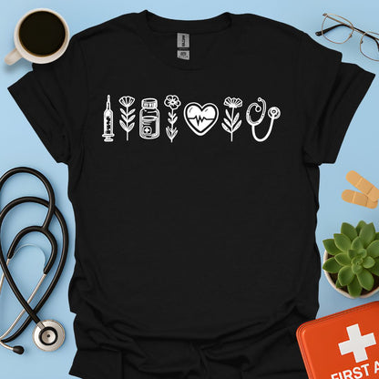 Maglietta Infermiera e OSS - T-shirt Professionale con Icone Sanitarie e Botaniche