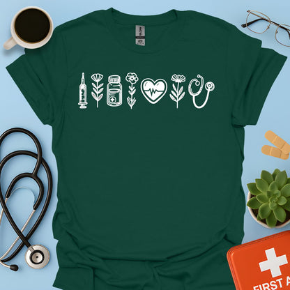 Maglietta Infermiera e OSS - T-shirt Professionale con Icone Sanitarie e Botaniche
