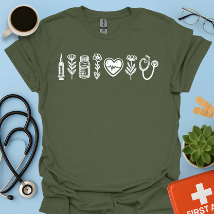 Maglietta Infermiera e OSS - T-shirt Professionale con Icone Sanitarie e Botaniche