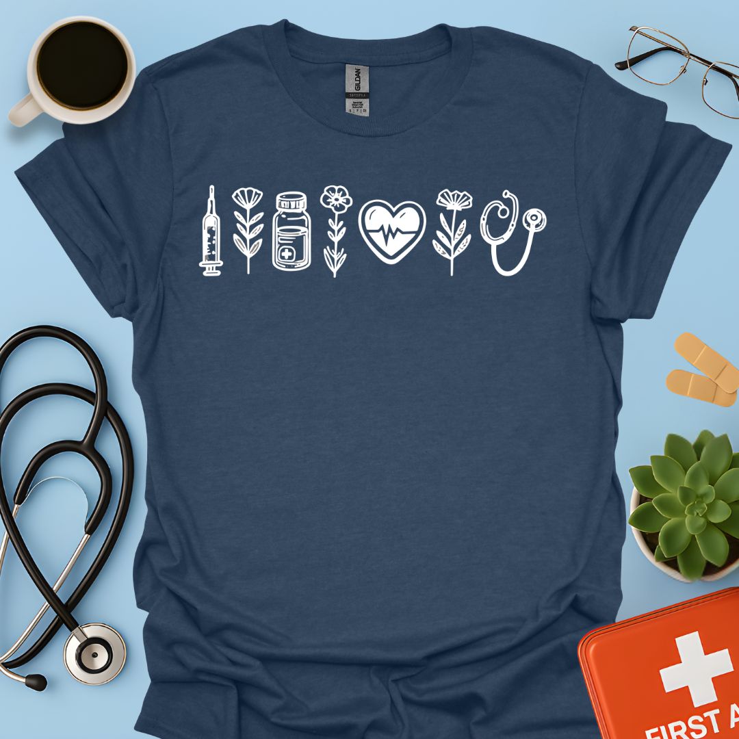 Maglietta Infermiera e OSS - T-shirt Professionale con Icone Sanitarie e Botaniche