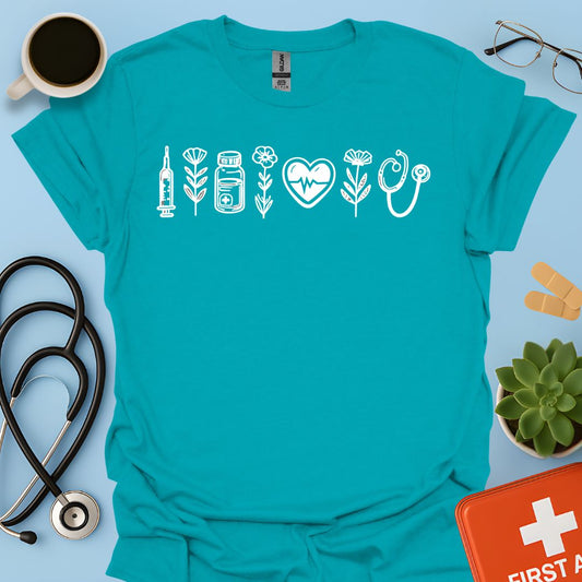 Maglietta Infermiera e OSS - T-shirt Professionale con Icone Sanitarie e Botaniche