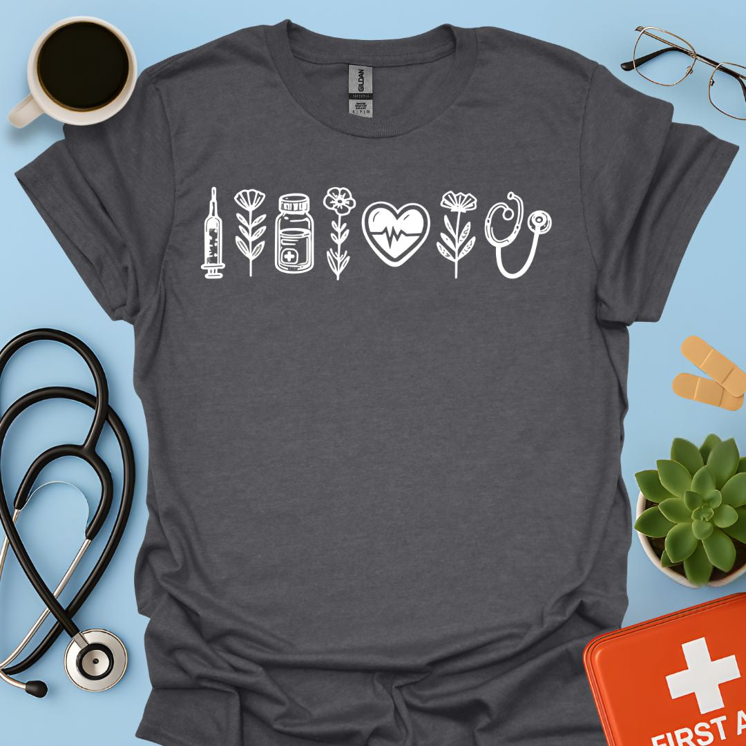 Maglietta Infermiera e OSS - T-shirt Professionale con Icone Sanitarie e Botaniche