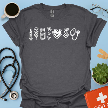 Maglietta Infermiera e OSS - T-shirt Professionale con Icone Sanitarie e Botaniche