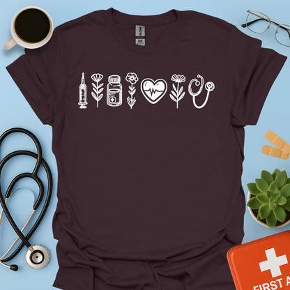Maglietta Infermiera e OSS - T-shirt Professionale con Icone Sanitarie e Botaniche
