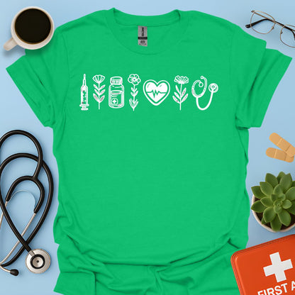 Maglietta Infermiera e OSS - T-shirt Professionale con Icone Sanitarie e Botaniche