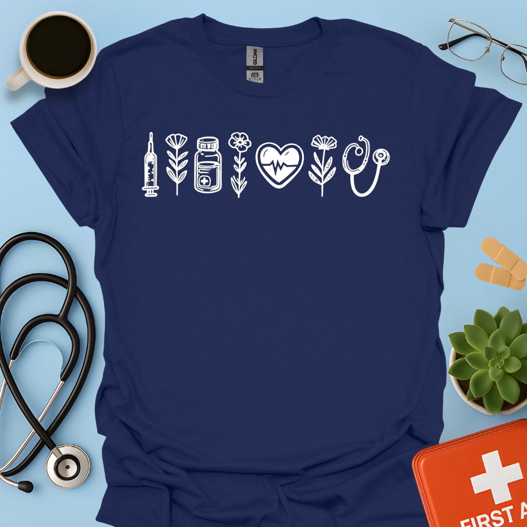 Maglietta Infermiera e OSS - T-shirt Professionale con Icone Sanitarie e Botaniche