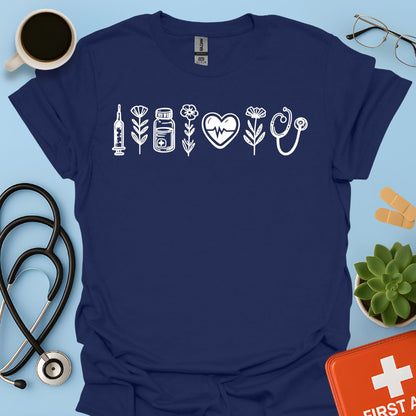 Maglietta Infermiera e OSS - T-shirt Professionale con Icone Sanitarie e Botaniche