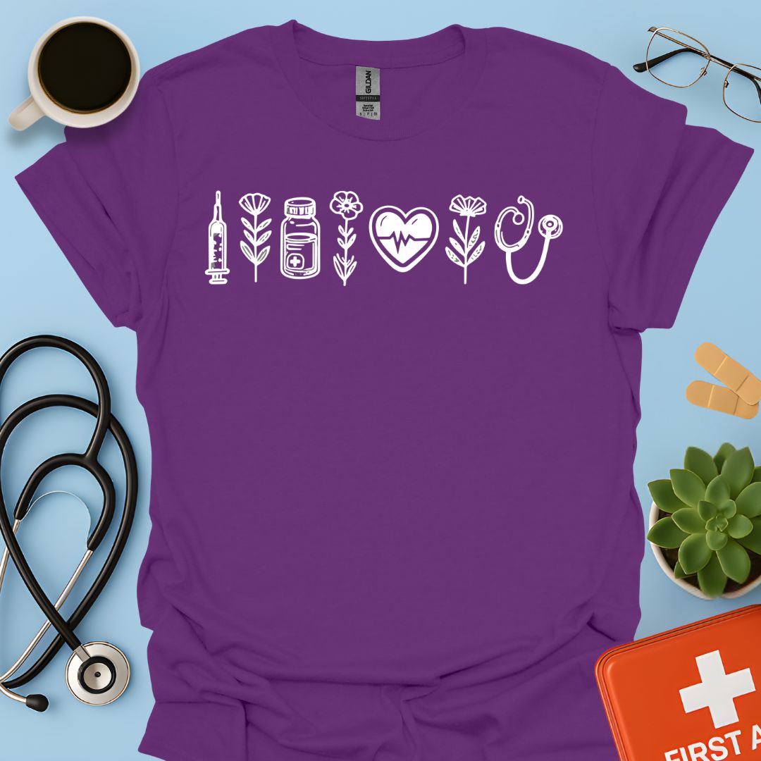 Maglietta Infermiera e OSS - T-shirt Professionale con Icone Sanitarie e Botaniche