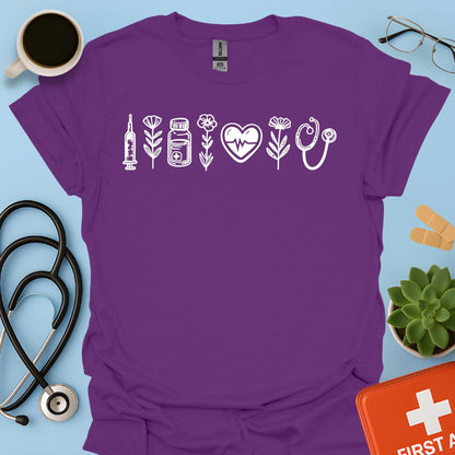 Maglietta Infermiera e OSS - T-shirt Professionale con Icone Sanitarie e Botaniche