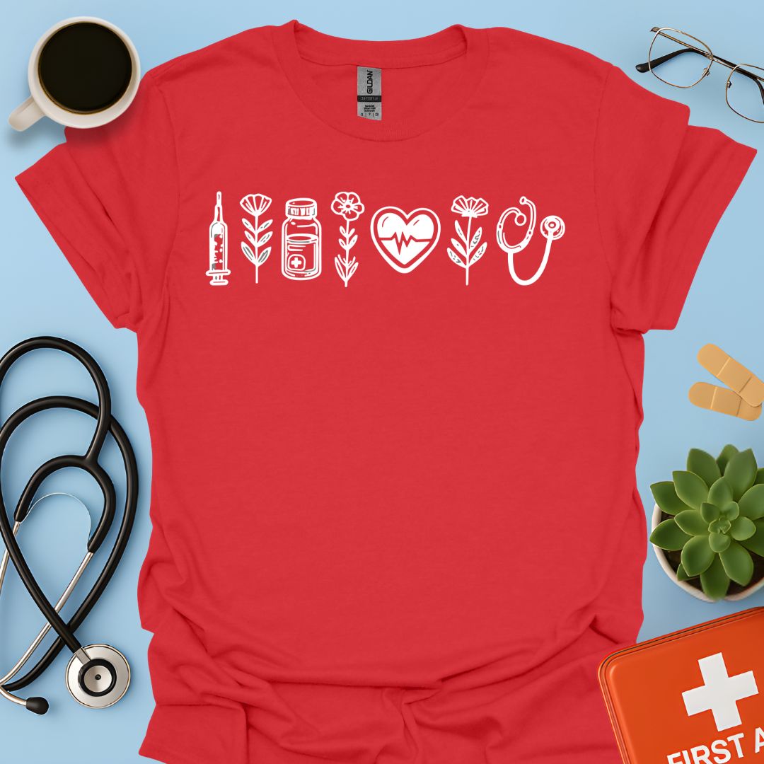 Maglietta Infermiera e OSS - T-shirt Professionale con Icone Sanitarie e Botaniche
