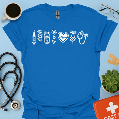 Maglietta Infermiera e OSS - T-shirt Professionale con Icone Sanitarie e Botaniche